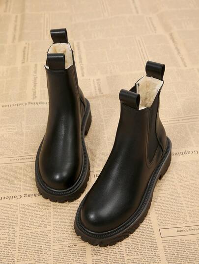 Women's Black Chunky Heel Fashionable & Comfortable Ankle Chelsea Boots, Elastic PU Leather Casual Short Boots, Upgraded Craftsmanship Design, Increased Foot Comfort, Solid Color Sensual Fashion Design, Highlighting Elegant And Intellectual Beauty, Added Thick Thermal Lined, Essential Winter Warm Footwear, Classic Versatile,Fur Boots