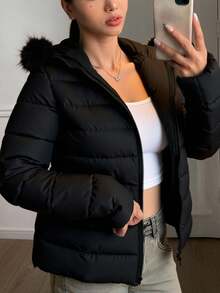 Livesso Áo khoác đệm cổ lông vá dành cho nữ, áo khoác thu/đông - màu đen - Xem 2