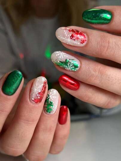 24pcs Short Almond-Shaped, Press-On Fake Nails Set, With Christmas White Snowflake Glitter, Acrylic Full Cover Overlay Manicure Kit, Perfect For DIY Art Supplies. Includes A Piece Of Jelly Glue And A Nail File, Suitable For Daily Wear, Parties, Dancing, And Gift-Giving.