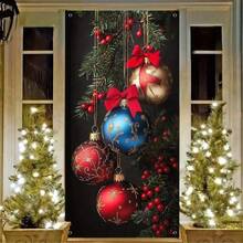 Pancarta navideña para la puerta - 90 cm x 180 cm Decoración festiva navideña, sin necesidad de electricidad, telón de fondo colgante de poliéster para la entrada del hogar con árbol de Navidad y adornos de bolas