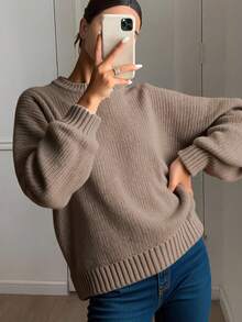 Livesso Women Casual Solid Color Drop Shoulder Loose Ribbed Knit Pullover Sweater,Fall Clothes - Mocha Brown - View 3