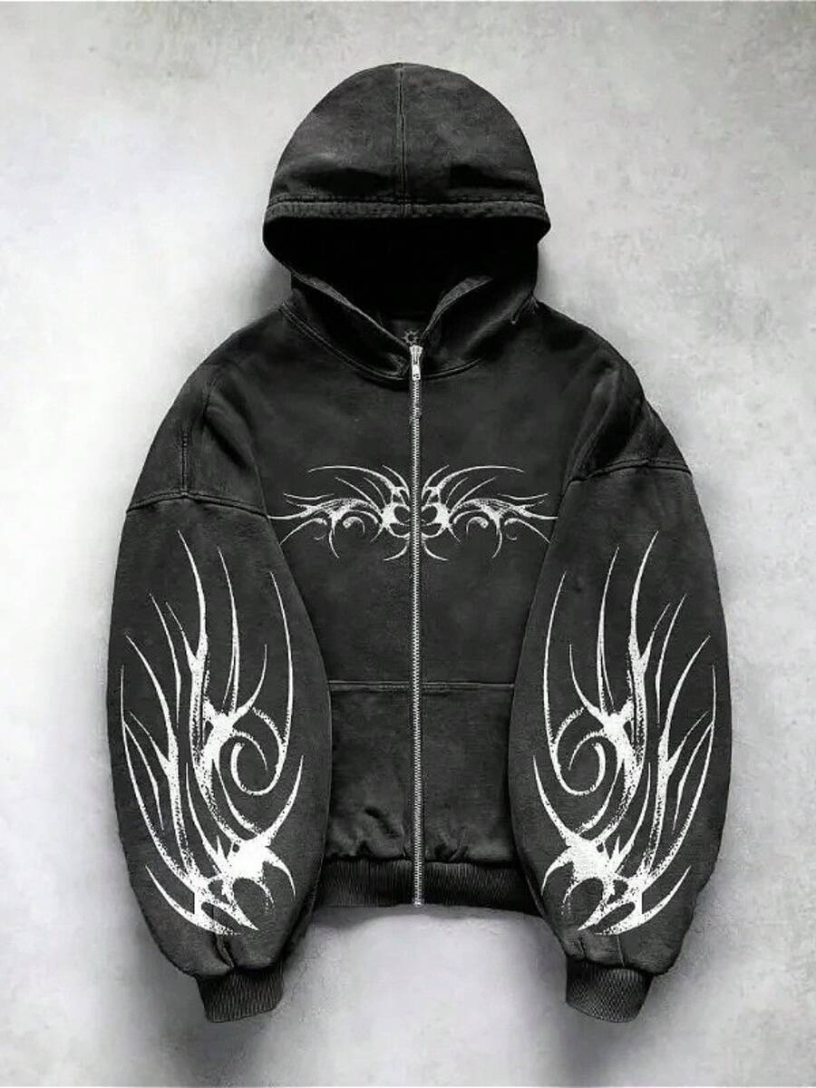 Dark Style Hip-Hop Gothic Subculture Harajuku Y2K Pattern Letter Print Hooded Sweatshirt For Men, Casual Zipper-Opening Jacket With Hood - màu đen - Xem 1