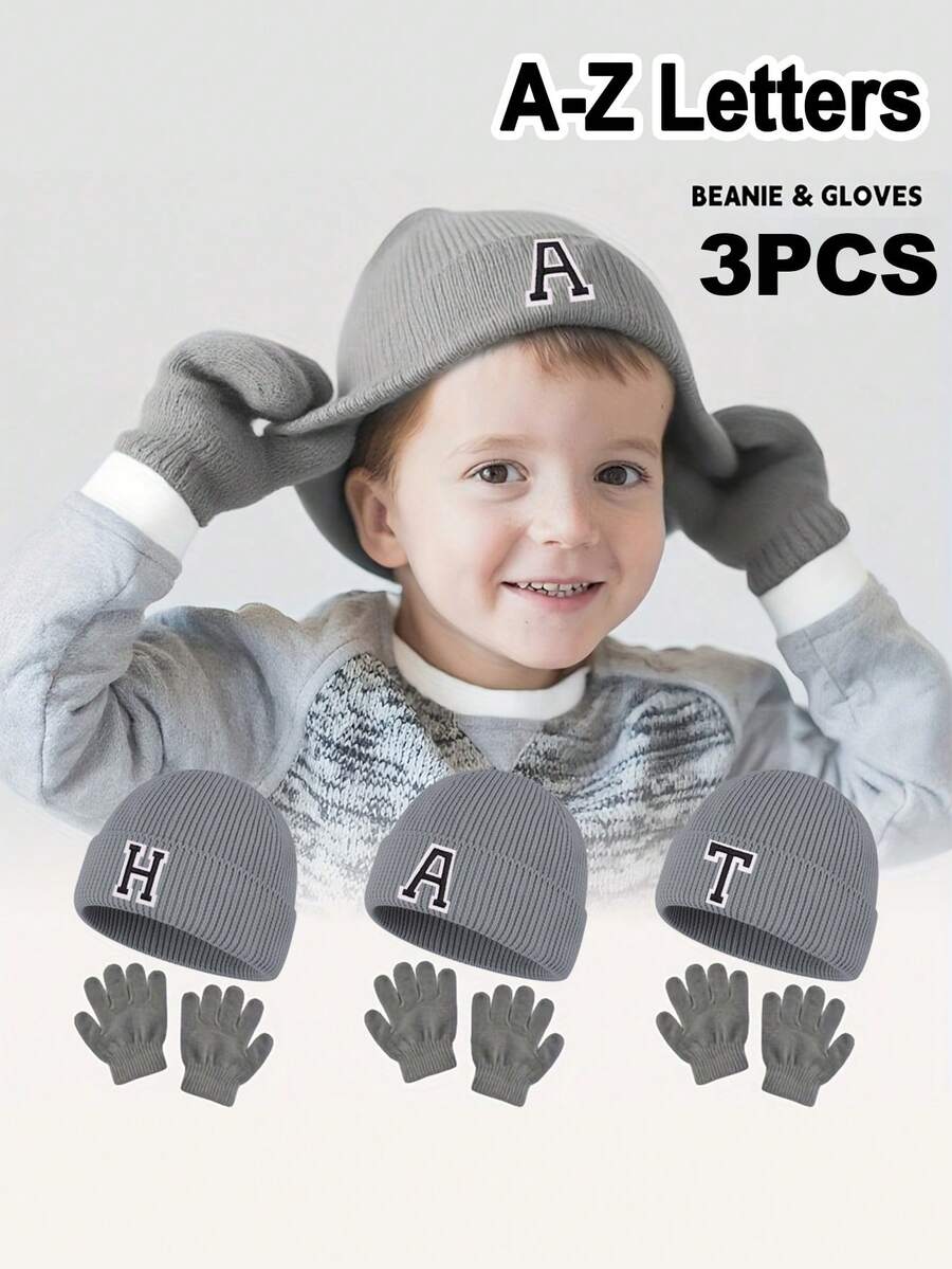 [A-Z Letters Hat]3pcs 8-12Y 26-Letter Knitted Hat And Glove Set, Fashion Youngsters's Cold Hat, Suitable For Boys And Girls Daily Going To School Outdoor Warm Fashion Collocation Suitable For Use As A Gift, Winter Hats For Girls - Round Letter Knitted Hat 2-piece Set - View 1