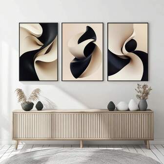 3 piezas Obras de arte de pared modernas abstractas geométricas minimalistas en negro y beige, cuadros, pintura sobre lienzo, regalo ideal para decoración de habitación, sala de estar, baño, sin marco 50x70cm/19.68X27.55 pulgadas