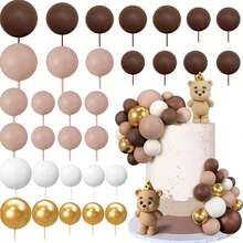 38pcs/Set Dark Light Brown Bear Cake Topper Khaki Light Brown Dark Brown Gold Foam Ball Cake Decoration, Suitable For Baptism Gender Reveal Party Birthday Party Suitable Wedding New Year Christmas Party Cake Decoration - Multicolor - View 2