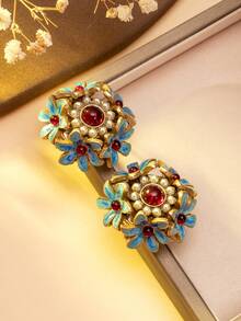 1 par de pendientes de botón vintage con esmalte rojo & azul, flores y perlas, estilo de la corte europea, pendientes florales con gemas, diseño de nicho, pendientes vintage con racimo de flores, crea fácilmente una atmósfera vintage elegante - Multicolor - Ver 5