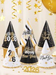 6Pcs 2026 Black & Gold New Year Party Paper Hats,DIY Decorative Hat With Fireworks & Stripes Design,New Year Photo Props Hats,Happy 2026 New Year Party Decor,Happy New Year Decorations,New Year Celebration,New Year Eve Ceremonies Decor - Multicolor - View 10
