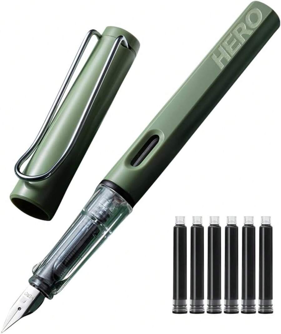 Pluma Estilográfica de Punta Media 0,5MM, Plumas Fuente Diseño Clásico con Convertidor, Punta de Iridio, Escritura Suave, Excelente Metal, Pluma Estilográfica Elegante, Regalo de Negocios (Verde) - verde - Ver 1