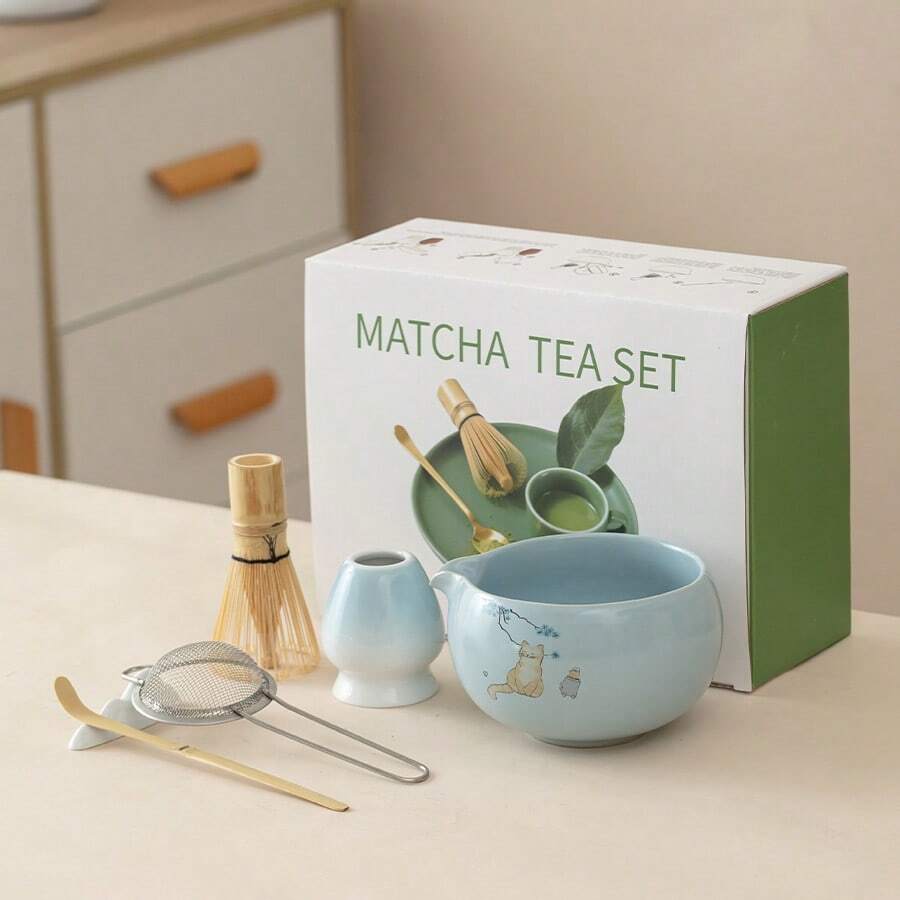 5pcs Japanese Matcha Set, Includes Matcha Whisk Holder, Bamboo Whisk, Bowl With Spout, Stainless Steel Tea Powder Sifter, Bamboo Tea Scoop, Suitable For Matcha, Great Gift For Matcha Lovers