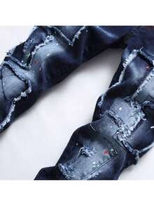 2025 Nuevos Pantalones de Mezclilla Desgastados con Múltiples Parches para Hombres Moda Streetwear Estilo Hip Hop Jeans Rotos para Atuendo Casual Lavado Vintage Ajuste Cómodo Estilo Urbano Pantalones Holgados - Azul Marino - Ver 3