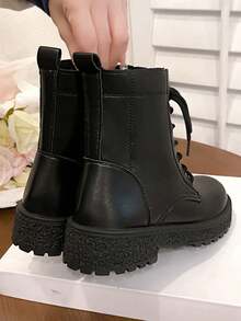 2025 Herbst/Frühling Neue Vintage Plateau Schnür-Plateau-Stiefeletten mit rundem Zehenbereich und Plateauabsatz, Schwarz, Kurze Stiefel für Damen