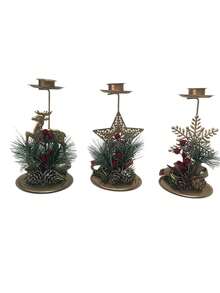 1 pieza Soporte de vela de hierro dorado, decoración para exhibición en ventana, árbol de Navidad, piña, decoración de ambiente, soporte de vela, reno, copo de nieve, ornamento de mesa con estrella