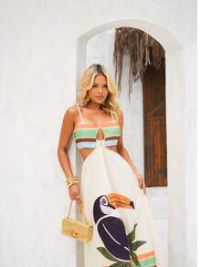 Vestido Longo Estampado Tucano Tropical com Alça Fina e Recorte Frontal PRIMAVERA VERÃO - VERDE PISTACHE - Visão 4