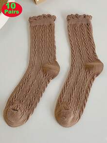 5 Pairs Women's Solid Color Braided Fashion Casual Versatile Mid-Calf Lace Socks, Fall Socks