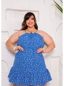 DRESS All-Over Print Flowers Ruched Ruffled Hem Holiday - Light Blue Printed - View 3