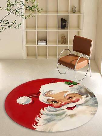 1 件装圣诞老人主题圆形涤纶防滑门垫，易于清洁且经久耐用，适用于室内/室外、厨房、餐厅、卧室、浴室、走廊、节日装饰，四季皆宜