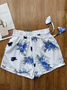 JING MODAS Crepe Set Of Cropped Top + Shorts With Lining - Blue Flower - View 4