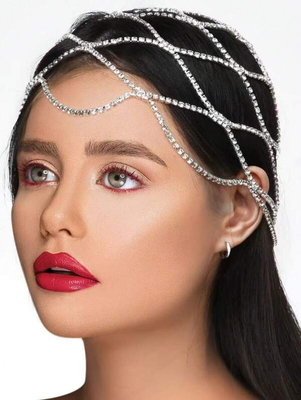 1pc Sparkling Bridal Wedding Rhinestone Multi-Layer Mesh Headpiece, Exaggerated Catwalk Fully Studded Bohemian Paisley Pattern Zirconia Headpiece For Party