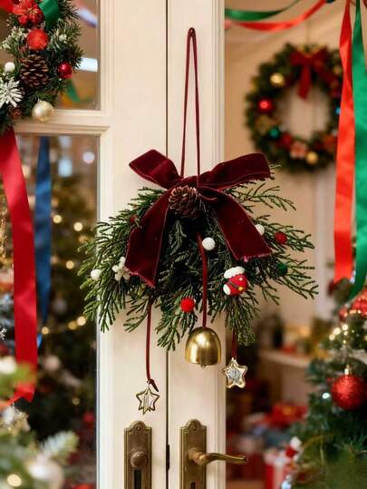 2pcs/3pcs Christmas Ornaments, Winter Artificial Pine Cones, Fake Green Leaves & Pine Needles Decoration With Xmas Items, Burgundy Bows, Brass Sleigh Bells, Gold Star Xmas Ornaments With Diamond Pendants, Christmas Tree Ornaments