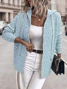 Women's Casual Hooded Drawstring Raglan Sleeve Knit Zip-Up Cardigan - Multicolor - View 6