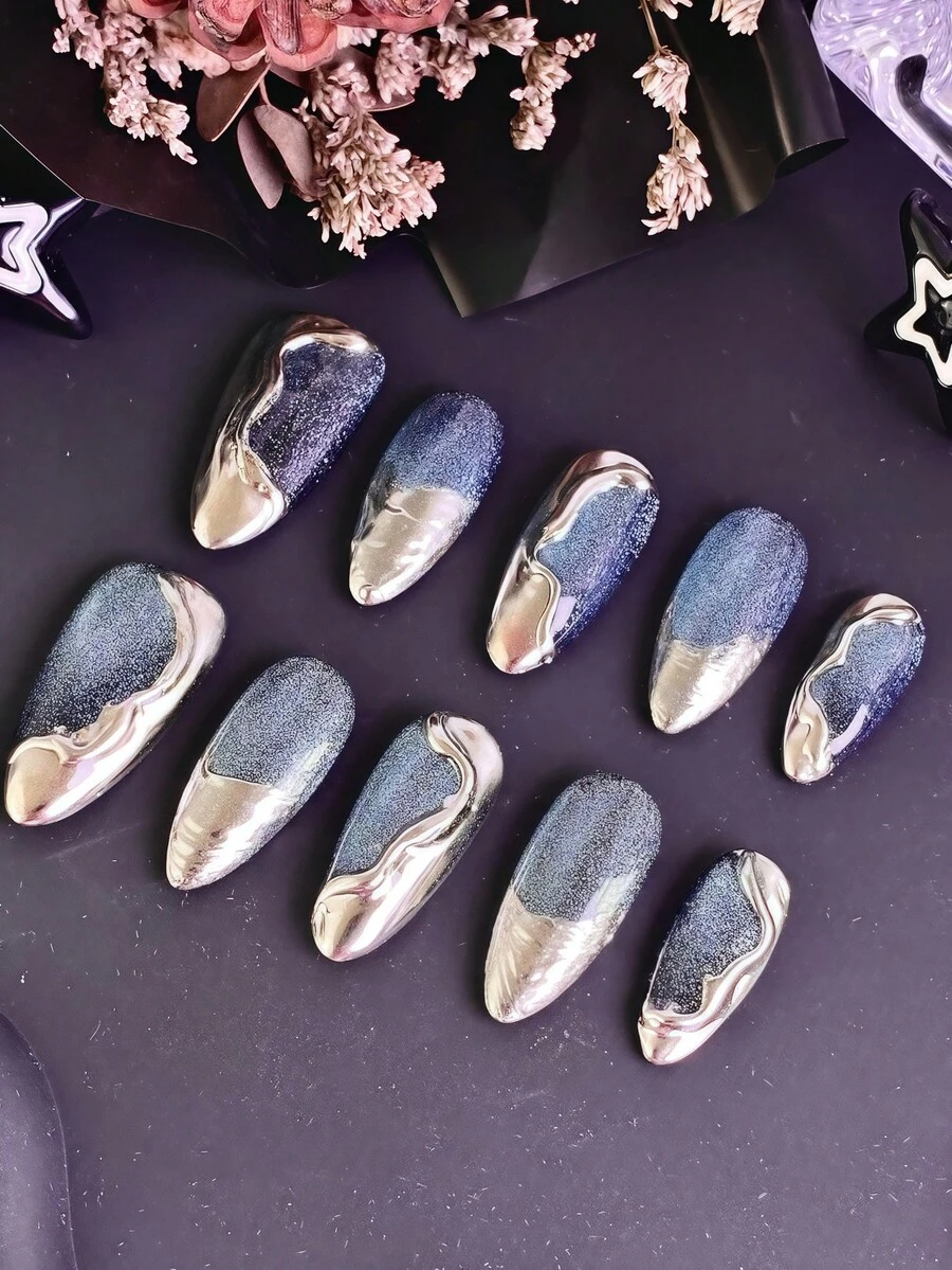 10 sztuk damskich paznokci z cyrkoniami, nakładane paznokcie, zielone paznokcie, szmaragdowe kocie oko, płynny metal, fale wody, kryształ 3D, luksusowy design, akrylowy zestaw sztucznych paznokci o pełnym kryciu z klejem do paznokci, odpowiedni na wieczorne przyjęcie VIP, bankiet, czerwony dywan, wesele, luksusowy prezent dla kobiet, najlepszy prezent dla niej