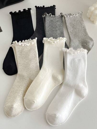 1 Pair/6 Pairs Women's Multi-Color Ruffle Trim Mid-Calf Socks, Warm And Cute Lace Socks For Autumn/Winter