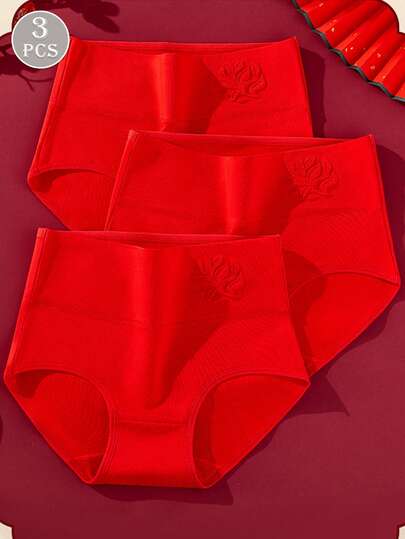 3pcs Women's High Waist Embossed Cotton Briefs, Casual Stretchy Breathable Soft Skin-Friendly Panties