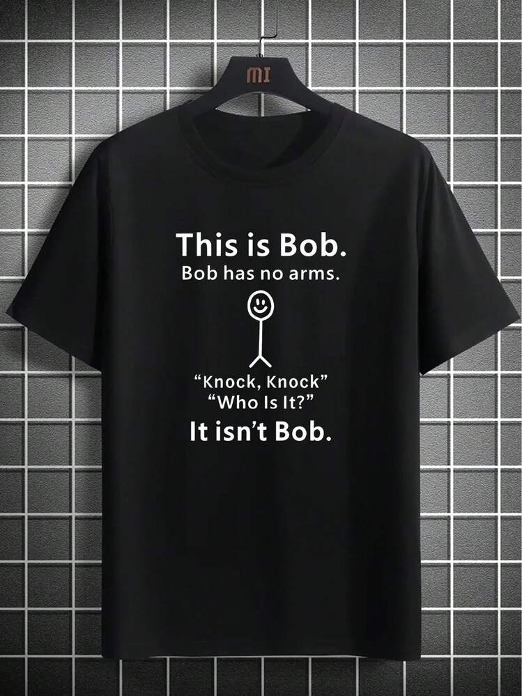 Men's 'ThisIsBob' Graphic T-Shirt - Casual And Comfortable Polyester, Lightweight Crew Neck Short Sleeve T-Shirt With Fun English Letter Print, Perfect For Summer - 黑色 - 查看 1