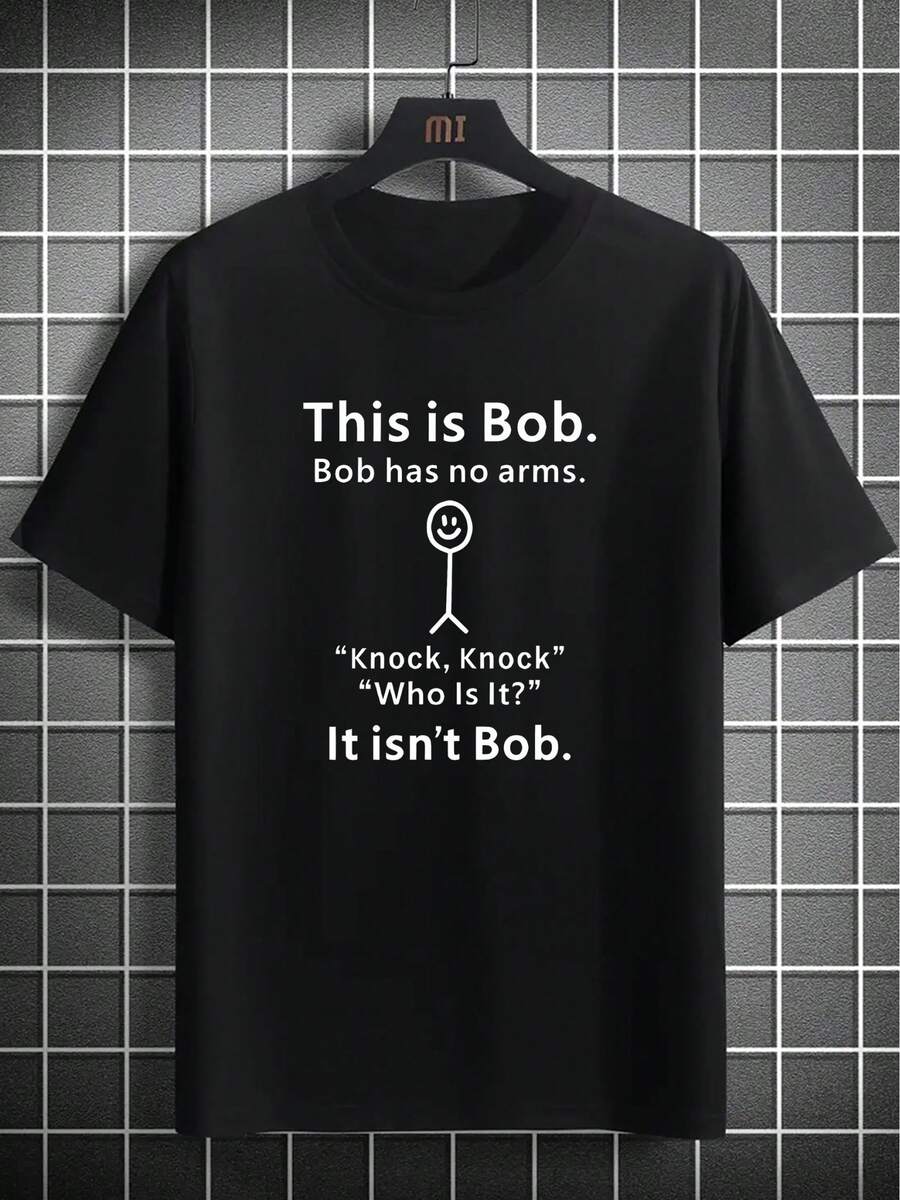 Men's 'ThisIsBob' Graphic T-Shirt - Casual And Comfortable Polyester, Lightweight Crew Neck Short Sleeve T-Shirt With Fun English Letter Print, Perfect For Summer - 黑色 - 查看 1