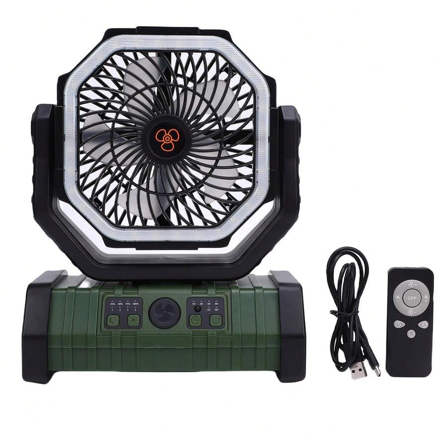 Portable Camping Fan With Light And Remote Control, Double Plastic Hook, Quiet, Rechargeable, Battery Operated, USB Fan For Tent, Travel, RV, Orange, 20000mAh - Dark Green - View 1