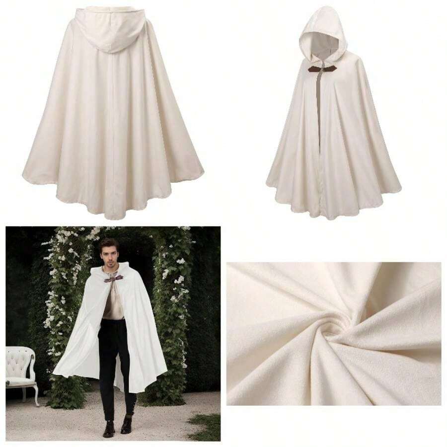 Men Hooded, Adult Medieval Renaissance Costume With Hood, Velvet Cape Halloween Dress - 51.18''+圓領白色 - 查看 1