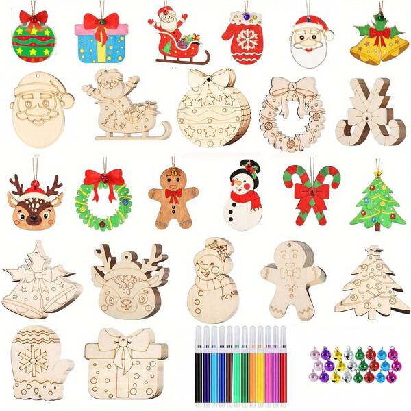 12/24pcs Christmas Ornament Decoration Set - Unfinished Wooden Slices, Includes String, Markers, Bells, 12 Styles Of Children DIY Art Craft Hanging Decorations, Christmas Stockings, Valentine's Day