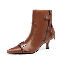 Coutgo Womens Kitten Heel Ankle Boots Pointed Toe Buckle Side Zipper Tassel Fall Winter Booties Shoes - 棕色 - 查看 2
