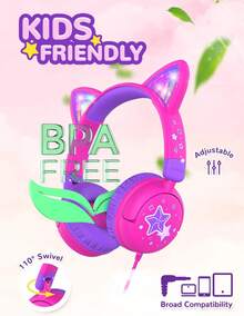 iClever HS25 Audífonos para niños Orejas de Gato, luz LED, Volumen  de 85 dBA, Sonido estéreo, Foldable 3.5mm, sobre la Oreja Audifonos niña, Escuela, Viajes, Rosa Fuerte - Rosa Fuerte - Ver 8