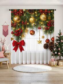 1 pieza Cortina decorativa transparente navideña, con lazo rojo, flor dorada, globo dorado, rama de pino, árbol de Navidad, adecuada para sala de estar, fiesta navideña, dormitorio, cocina, 100g/m²