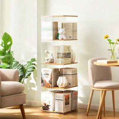 Bookcase, 360° Rotatable Bookshelf, 4-Layer Floor-To-Ceiling Bookshelf, Display And Storage Bookshelf, Floor-To-Ceiling Bookshelf, Transparent And Visible