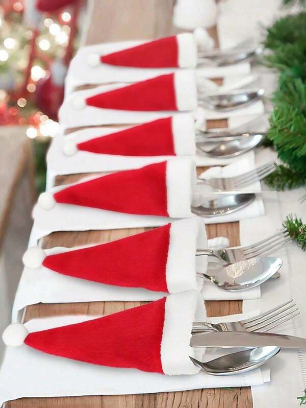 10 mini porta-talheres de Natal para garfo e faca - 6 x 12 cm, vermelho, perfeito para decoração de mesa festiva, capas para garrafas de vinho e acessórios de jantar para todas as estações, para o Natal