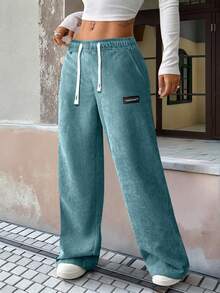 Women's Corduroy Drawstring Waist Pants, Dual Side & Buttock Pockets, Solid Color Versatile, Suitable For Casual Daily Wear And Outdoor Sports - 藍色 - 查看 11