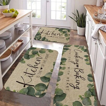 2/3pcs Simple And Style Kitchen Rug Set With Eucalyptus Leaf Design, Inspired Cooking And Baking Theme Mats, Soft Flannel - Suitable Bedroom, Living Room, Dining Room, Bathroom, Entrance