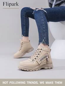Flipark 1 Pair Women's White Casual Snow Boots, Round Toe Outdoor Lace-Up Waterproof Leather Thermal Lined High-Top Boots, Autumn/Winter - Khaki - View 3