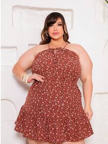 DRESS All-Over Print Flowers Ruched Ruffled Hem Holiday - Printed Brown - View 3