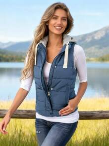 Women's Hooded Puffer Vest, Winter Warm Zip Up Quilted Jacket For Outdoor Casual Wear - Màu xanh lam - Xem 7