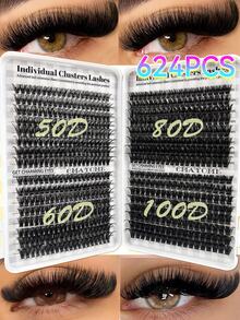 CMAYOME 624/640 Pcs D-Shaped Eyelash Cluster Set, Mixed Eyelash Kits, Naturally Fluffy, 10D + 20D + 30D + 40D + 50D + 60D + 80D + 100D Cluster-Shaped Eyelashes, Stand-Up Eyelash DIY Eyelash Wigs, Natural Effect Cluster-Shaped Eyelash Wigs