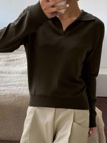 Livesso Maglione casual e versatile di colore unito - Moka Marrone - Visualizzare 3