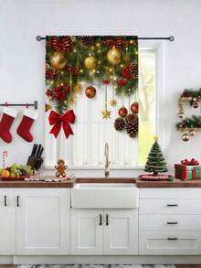 1 pieza Cortina decorativa transparente navideña, con lazo rojo, flor dorada, globo dorado, rama de pino, árbol de Navidad, adecuada para sala de estar, fiesta navideña, dormitorio, cocina, 100g/m²