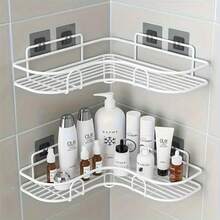 1pc No-Drill Corner Shelf, Bathroom/Kitchen Storage Rack For Shampoo, Soap, Seasonings - Black - View 10