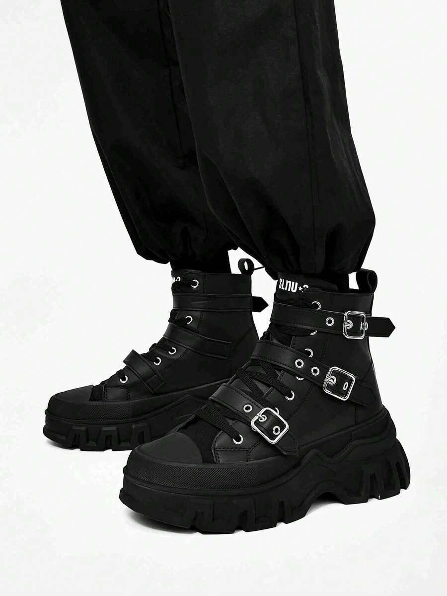 SLnU3 SLNU★3 Men's Fashionable Casual Thick Sole High Top Shoes  Punk  Casual    Fashion Cool Punk Style  Outdoor    Spring And Autumn - 全黑 - 查看 1