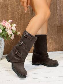 Women's Square Toe Chunky Heel Mid-Calf Boots, Simple Belt Buckle Zipper Decor Fashion Riding Boots