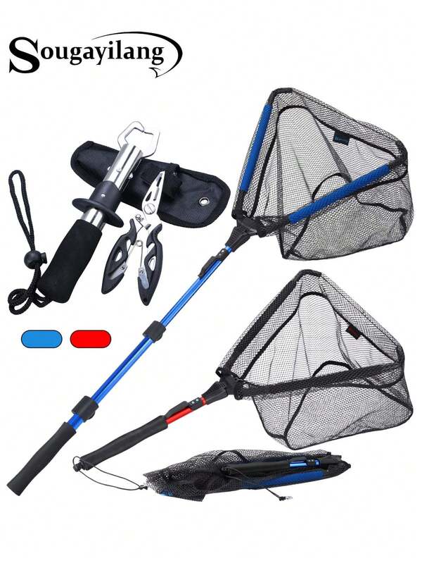 SOUGAYILANG Professional Telescopic Fishing Net & Stainless Steel Pliers Combo: High-Strength Landing Net With Fish Gripper, Split Ring Cutter, And Safety Lanyard