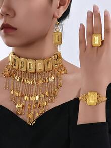 5-Piece Set: Elegant Rose Design Jewelry Set Including Necklace, Bracelet, Earrings, Ring. 24K Gold Plated Copper Meteor Shower V-Shaped Tassel Necklace, Gift For Mother's Day, Valentine's Day, Women